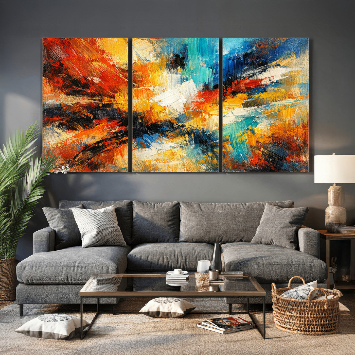 93167583-MGV-CV-36X24 - Geometric Abstract Wall Art Canvas Print, Orange Blue Abstract Expressionist Painting Print, Modern Geometric Abstract Canvas Art