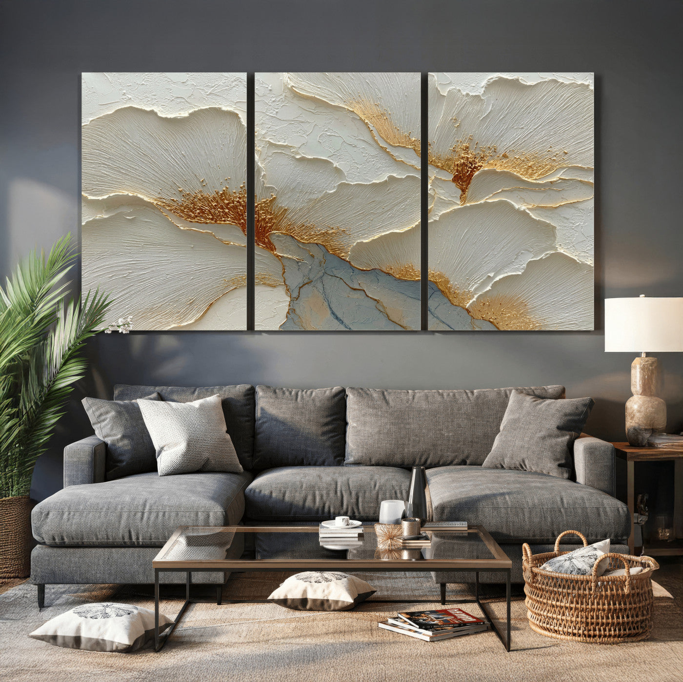 4712069F1-MGV-CV-36X24 - White Gold Floral Canvas Wall Art — Textured Flower Print | Luxury Botanical Decor | Elegant Bedroom Art | Gold Leaf Wall Art Gift