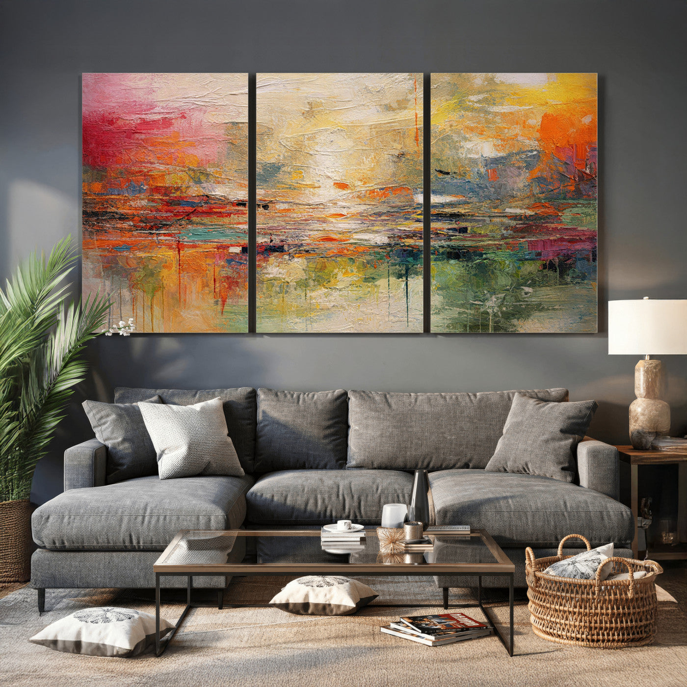 4712069P1-MGV-CV-36X24 - Colorful Abstract Canvas Wall Art — Large Textured Oil Painting Style Print | Orange Red Boho Wall Decor | Modern Living Room Art | Bold Wall Art