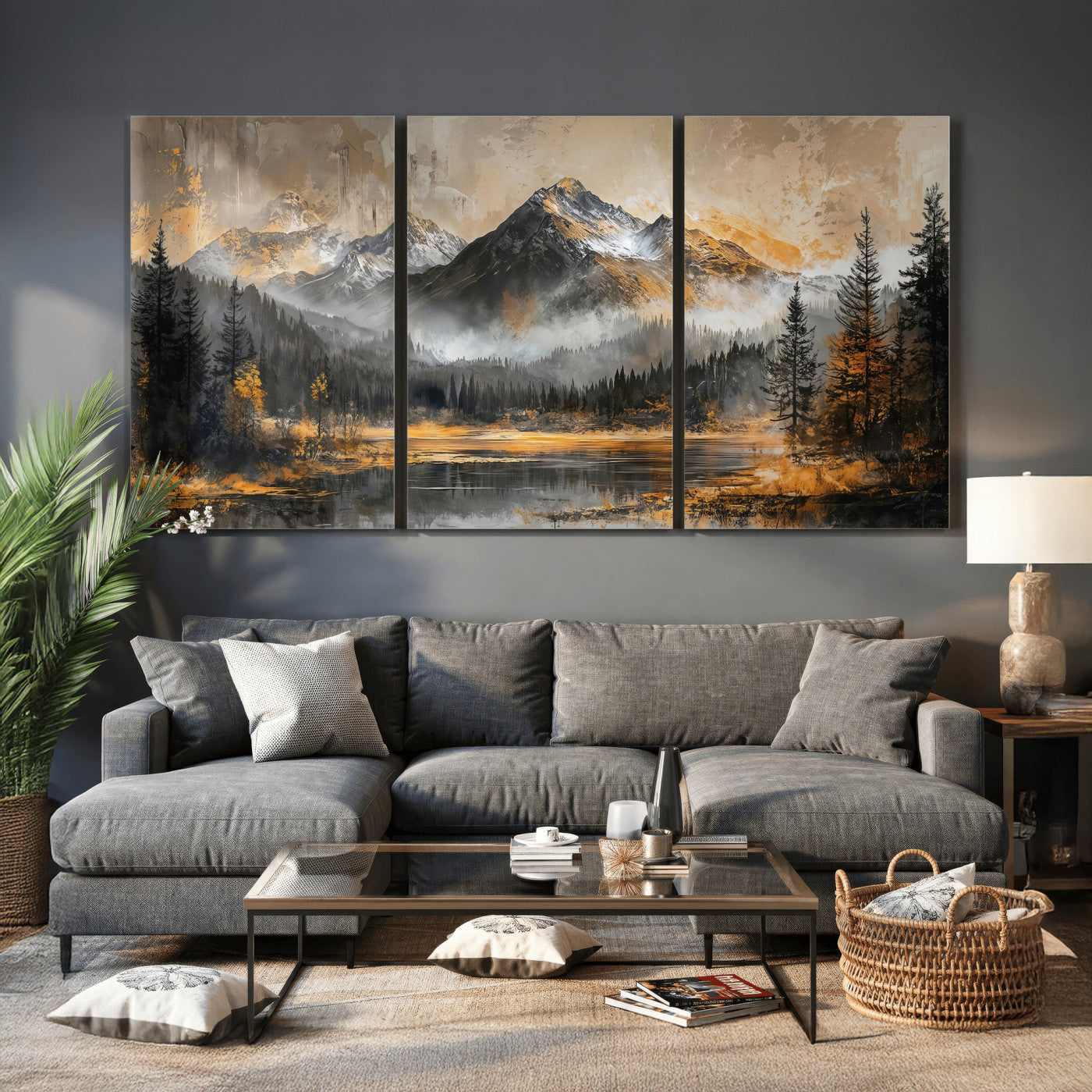 4712069D1-MGV-CV-36X24 - Mountain Lake Canvas Wall Art — Rustic Forest Landscape Print | Gold Grey Nature Decor | Cabin Wall Art | Large Wilderness Art Print Gift