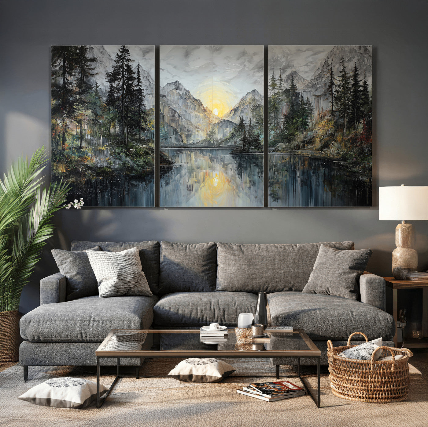 72377107-MGV-CV-60X30-3P - Drip Style Forest Lake Gold Art — Abstract Expressionist Mountain Print | Grey Pine Tree Canvas | Moody Nature Wall Decor | Large Panoramic Art