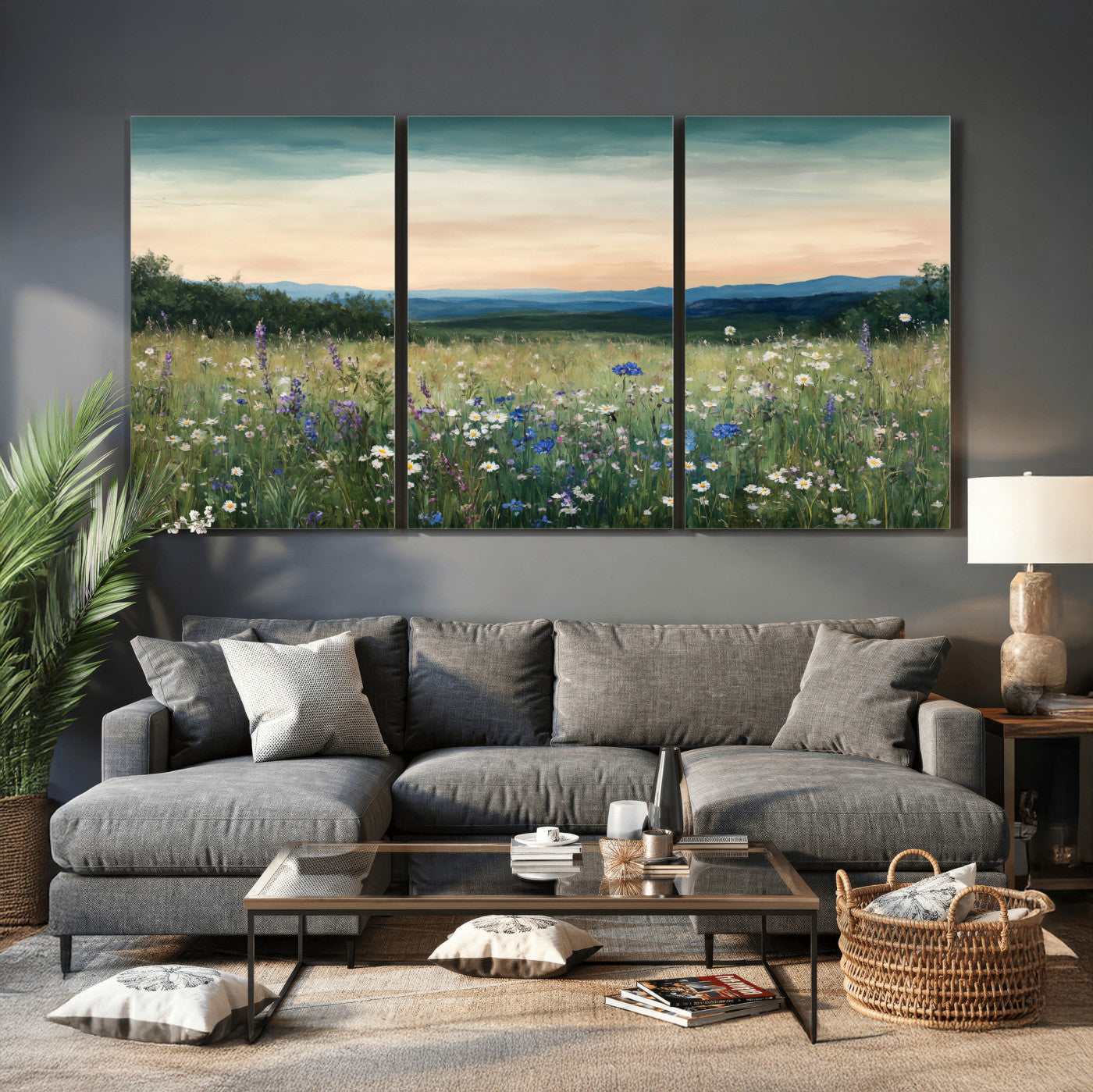 35773805-MGV-CV-36X24 - Wildflower Meadow Oil Painting Canvas Print - Daisy Lavender Mountain Sunset Print | Cottagecore Floral Wall Art - Bedroom Decor Gift for Her