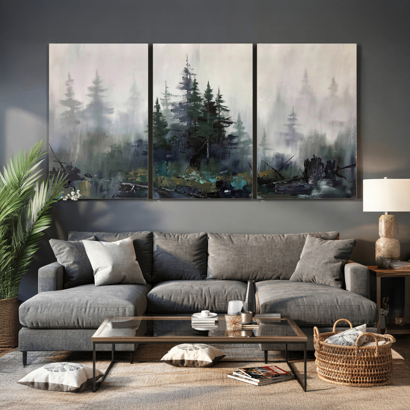 94143325-MGV-CV-36X24 - Misty Pine Forest Oil Painting Canvas — Dark Moody Teal Grey Tree Print | Japandi Scandinavian Wall Art | Minimalist Nature Decor Gift