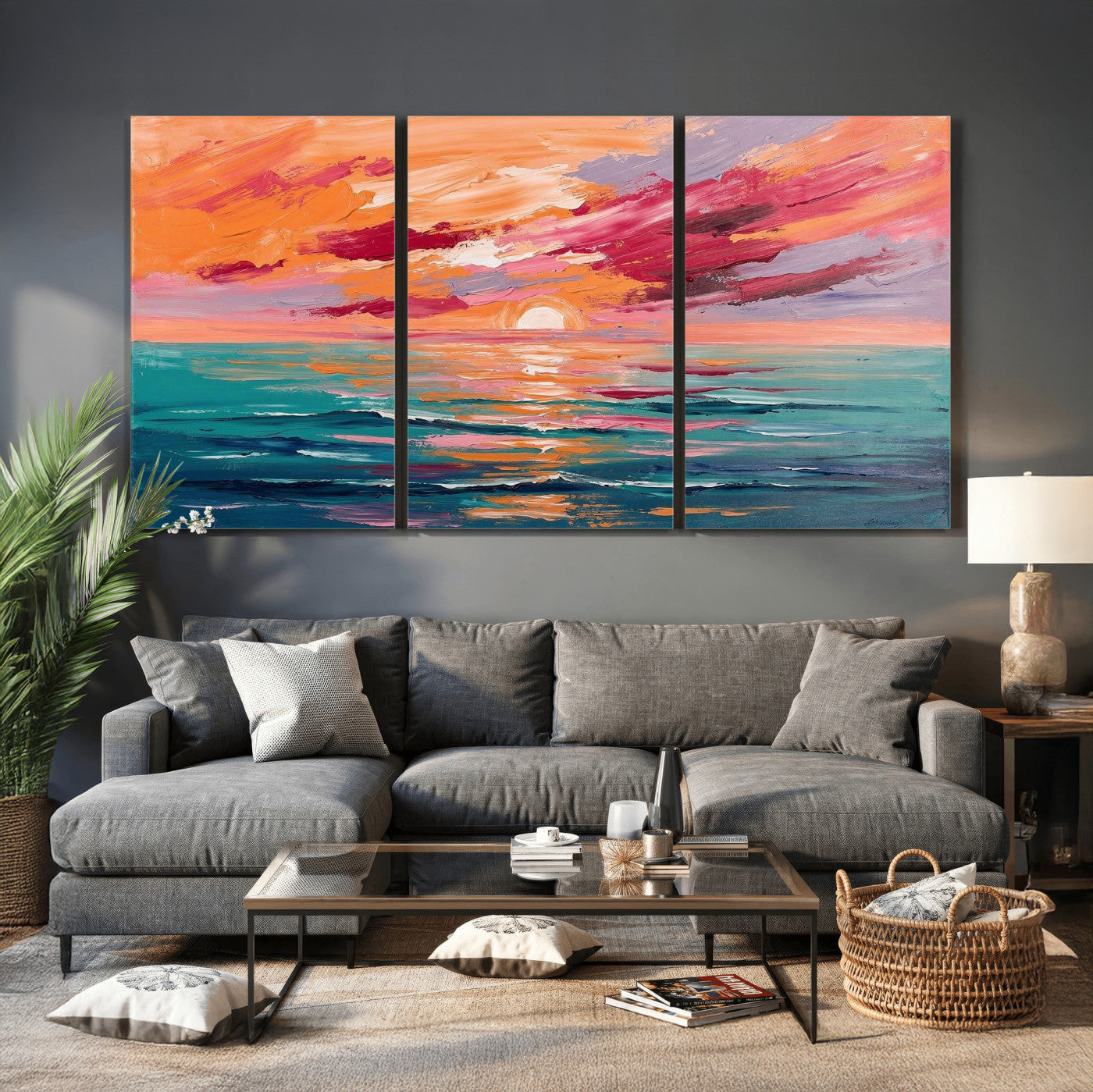 26763902-MGV-CV-36X24 - Bold Palette Knife Ocean Sunset Canvas — Orange Pink Teal Expressionist Sea Print | Colorful Coastal Wall Art | Vibrant Beach Decor Gift
