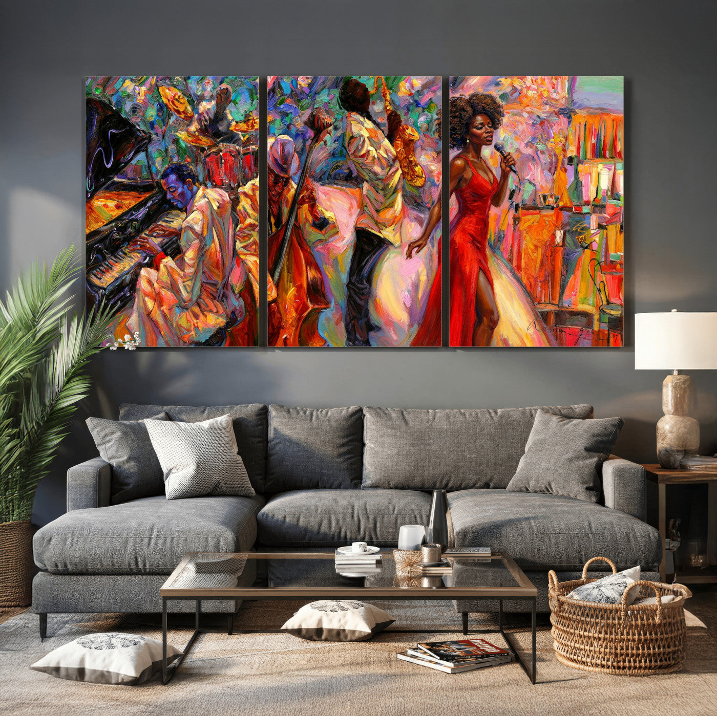 72615137-MGV-CV-36X24 - African American Jazz Singer Canvas Art - Red Dress Black Woman Music Print | Colorful Jazz Band Wall Decor | Living Room Gift for Her
