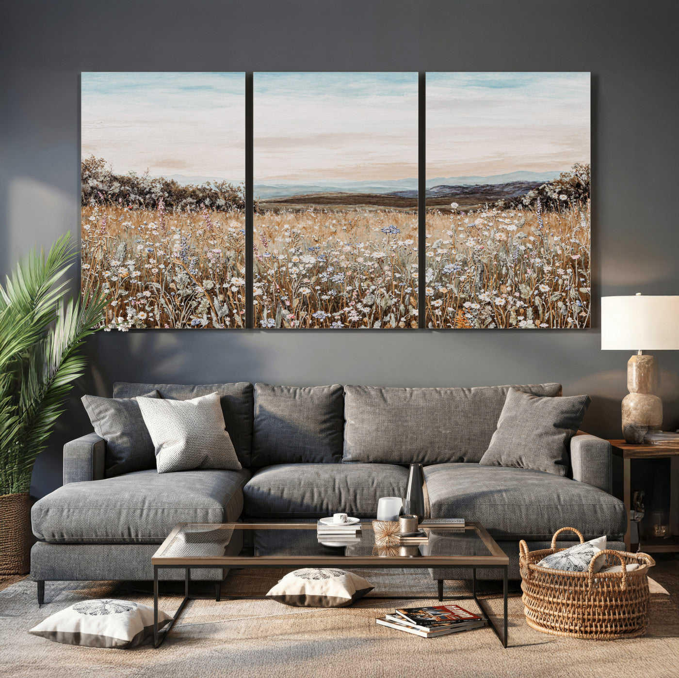 F35773805-MGV-CV-36X24 - Neutral Wildflower Field Canvas Wall Art — Beige Earth Tone Botanical Meadow Print | Farmhouse Boho Decor | Bedroom Living Room Gift Her