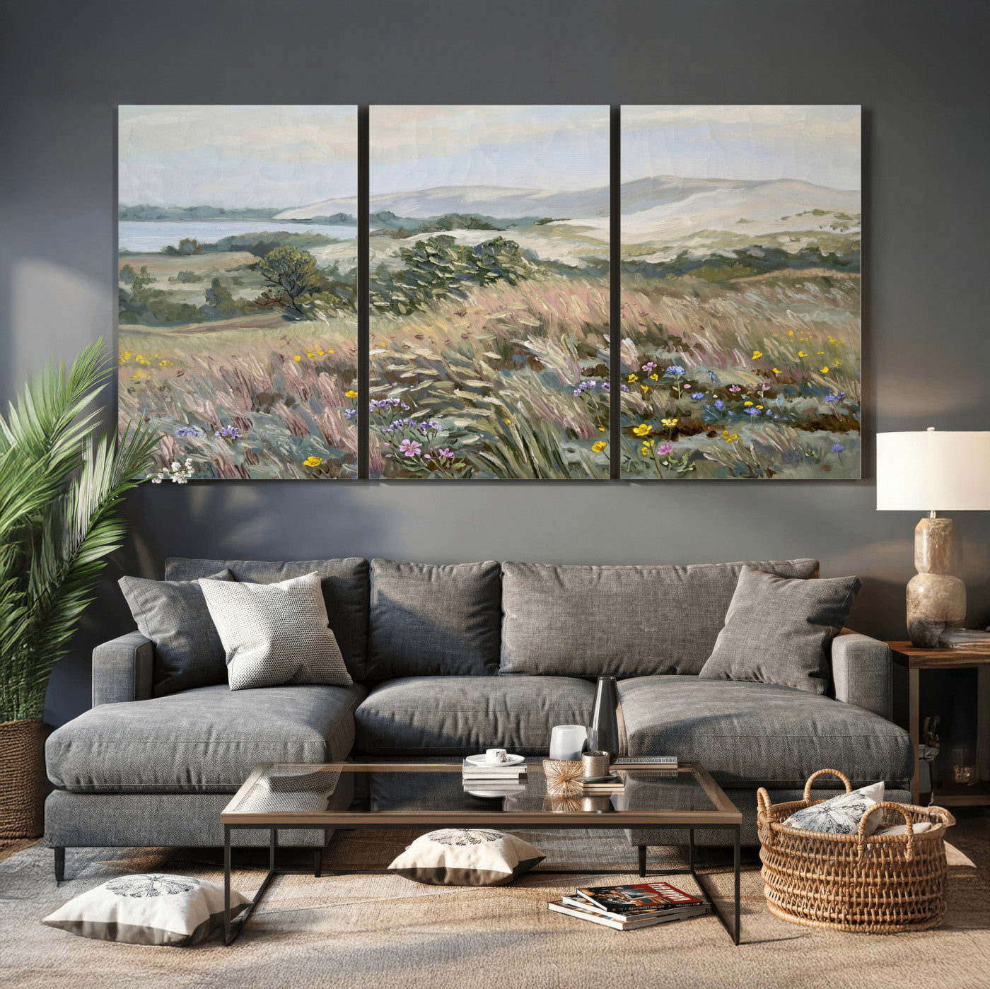 18013232-MGV-CV-36X24 - Katie Staples Hillside Canvas Wall Art — Coastal Wildflower Dune Oil Painting Print | Muted Green Nature Decor | Plein Air Landscape Gift
