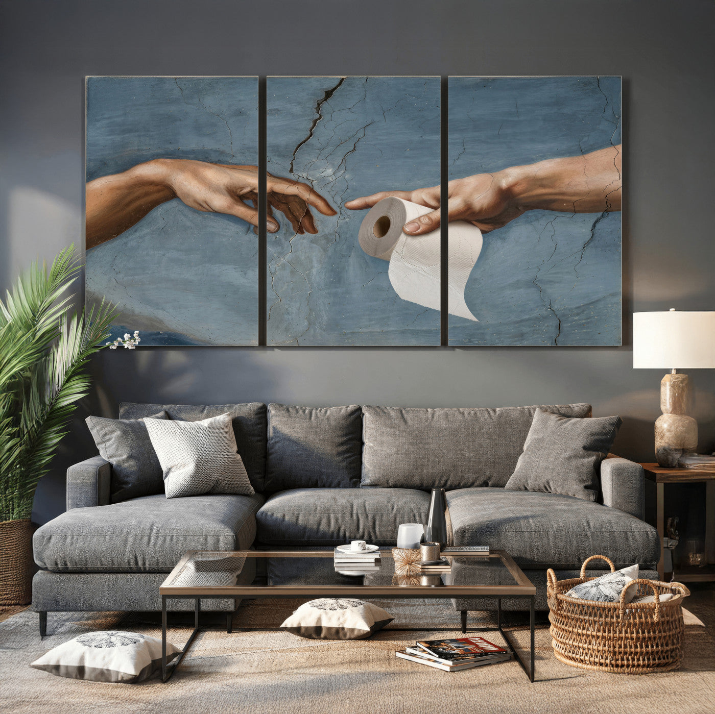 42648143-MGV-CV-36X24 - Funny Bathroom Canvas Wall Art, Michelangelo Creation of Adam Toilet Paper Parody, Renaissance Humor Print, Quirky Housewarming Gift, Toilet Room Decor