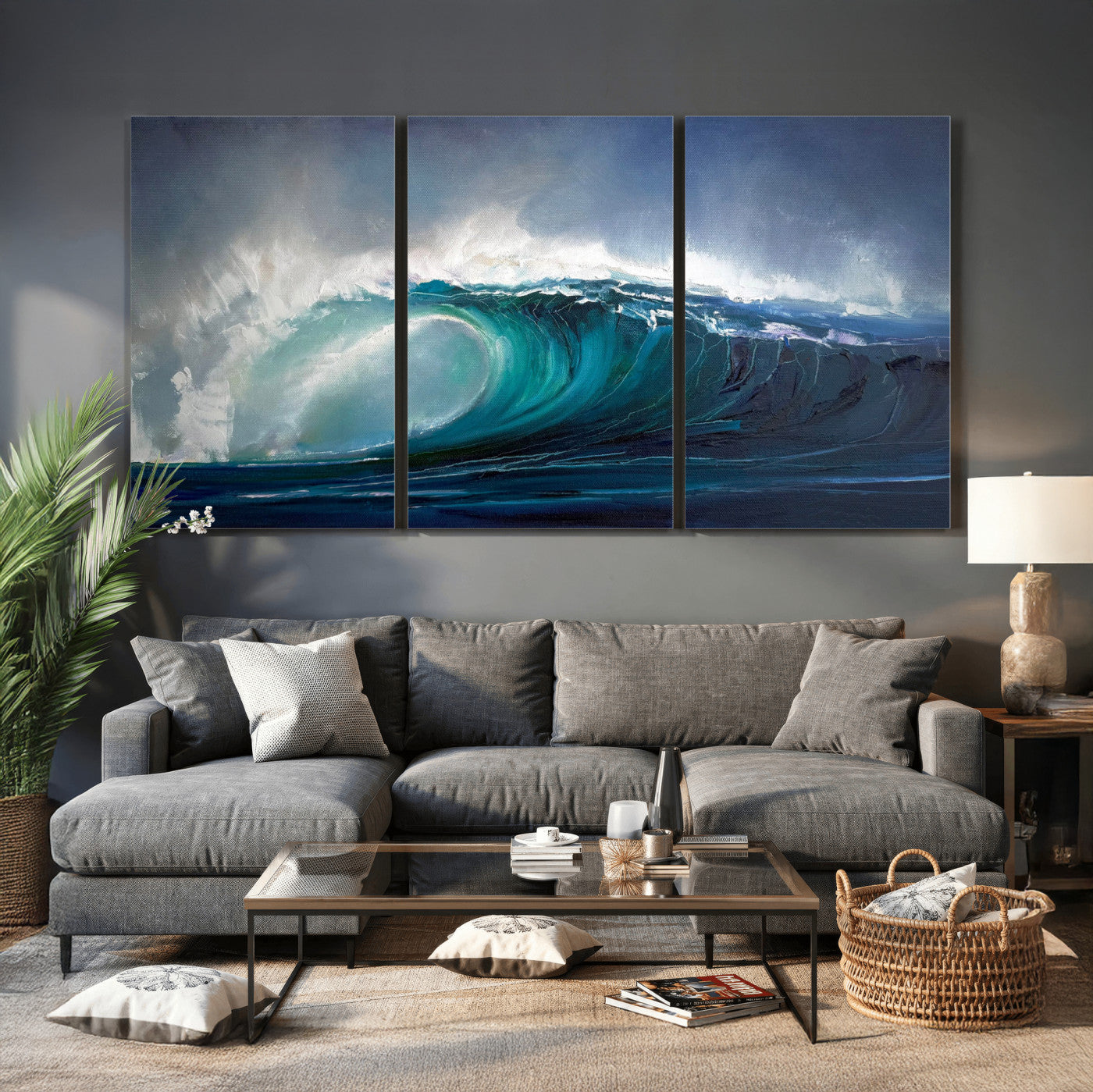 35491180-MGV-CV-60X30-3P - Ocean Wave Canvas Wall Art, Dramatic Teal Blue Seascape Oil Painting Print, Stormy Sea Coastal Decor, Large Beach House Art, Surf Wave Statement Art