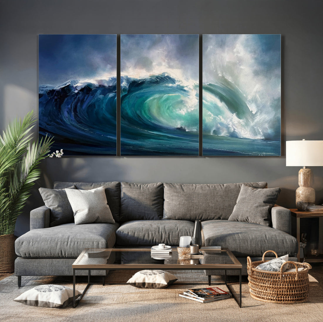 Ocean Wave Canvas Wall Art, Dramatic Teal Blue Seascape Oil Painting Print