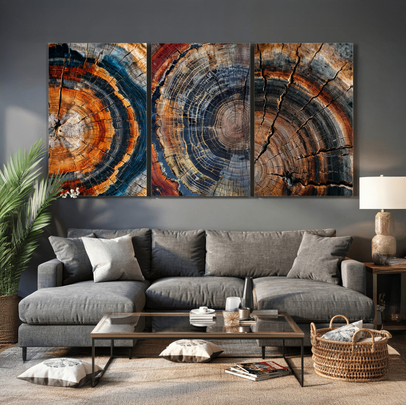 53873594-MGV-CV-60X30-3P - Tree Ring Canvas Wall Art, Wood Cross Section Triptych Print, Rustic Nature Abstract Decor, Earthy Boho Wall Art, Modern Farmhouse Living Room