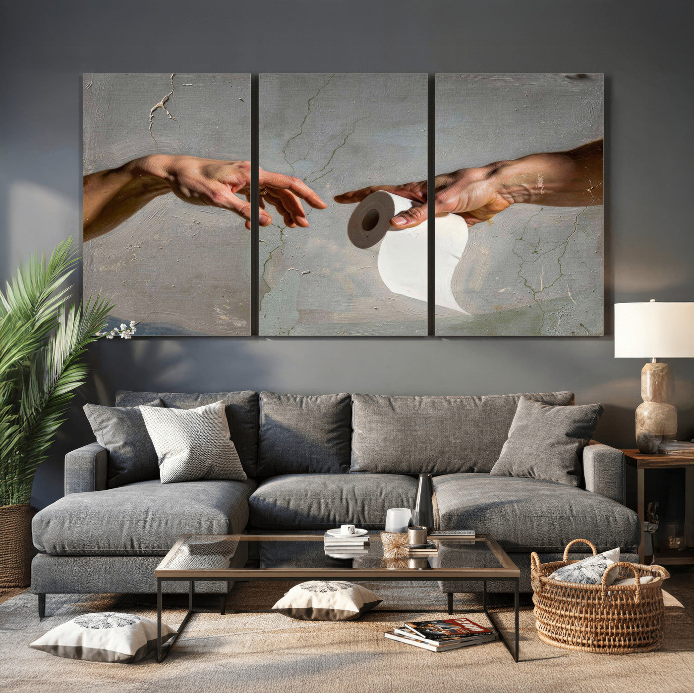 72030048-MGV-CV-36X24 - Funny Bathroom Wall Art Canvas, Creation of Toilet Paper Parody Print, Renaissance Humor Decor, Toilet Room Art, Quirky Housewarming Gift, Classic Art Spoof