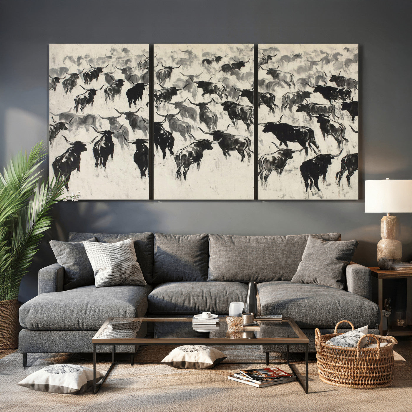68669792-MGV-CV-36X24 - Longhorn Cattle Canvas Wall Art, Black White Stampede Ink Painting Print, Western Farmhouse Decor, Bull Herd Art, Large Living Room Wall Art, Ranch Home Decor