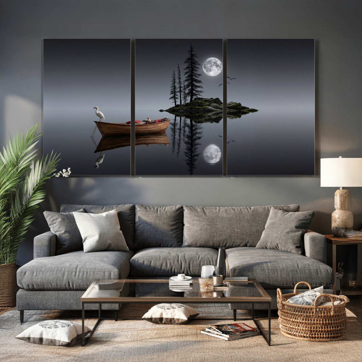 68839391D-MGV-CV-60X30-3P - Moonlit Lake Canvas Wall Art, Dreamy Boat Heron Full Moon Night Print, Dark Fantasy Nature Decor, Moody Bedroom Art, Surreal Landscape Wall Art