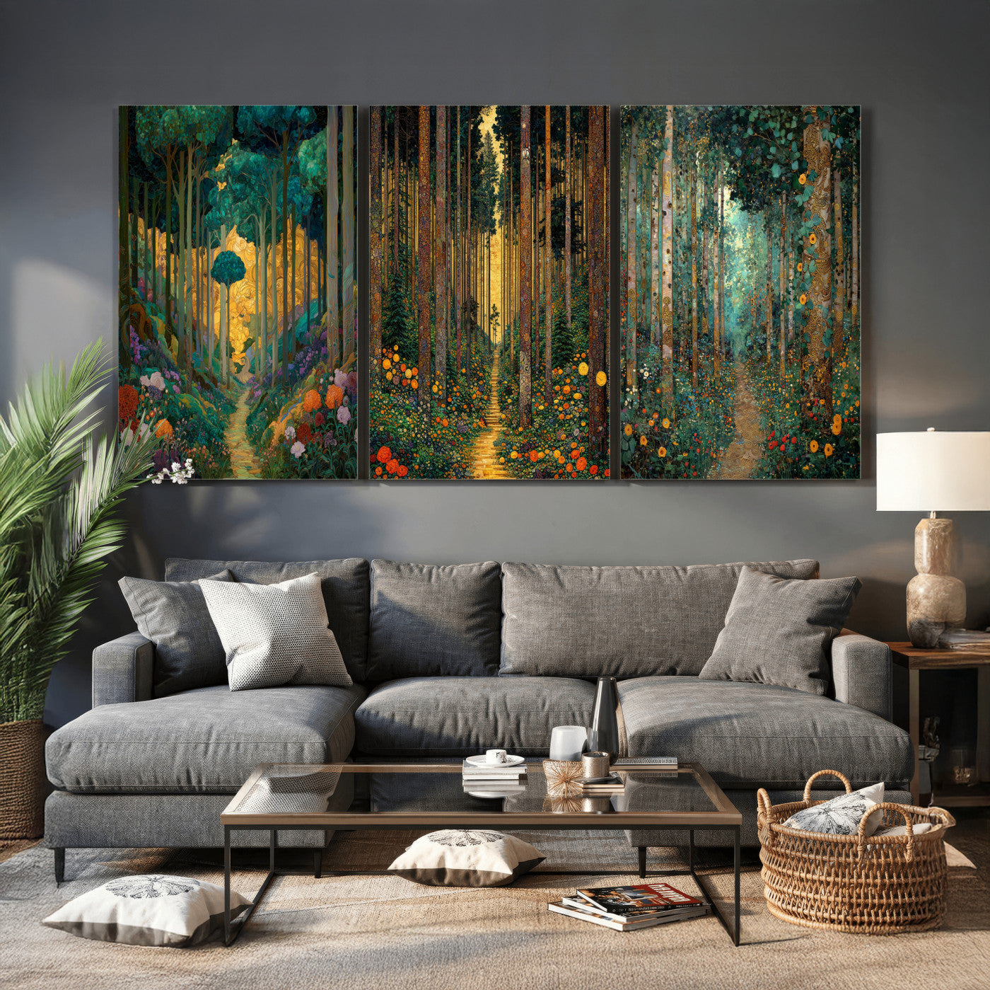 79483321-MGV-CV-60X30-3P - Gustav Klimt Style Forest Canvas Wall Art, Golden Forest Path Floral Art Nouveau Print, Enchanted Woodland Decor, Maximalist Colorful Nature Art