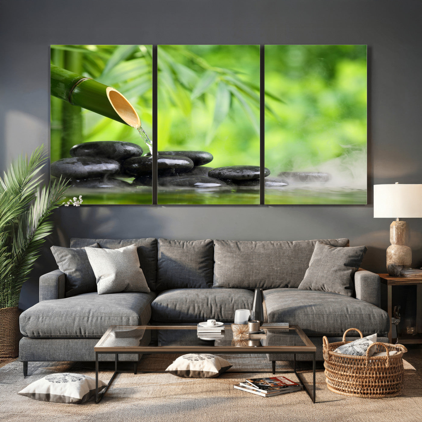 26961320-MGV-CV-36X24 - Bamboo Water Flow Black Stone Canvas | Zen Spa Nature Photography Print | Green Mist Japanese Garden Wall Art | Tranquil Decor