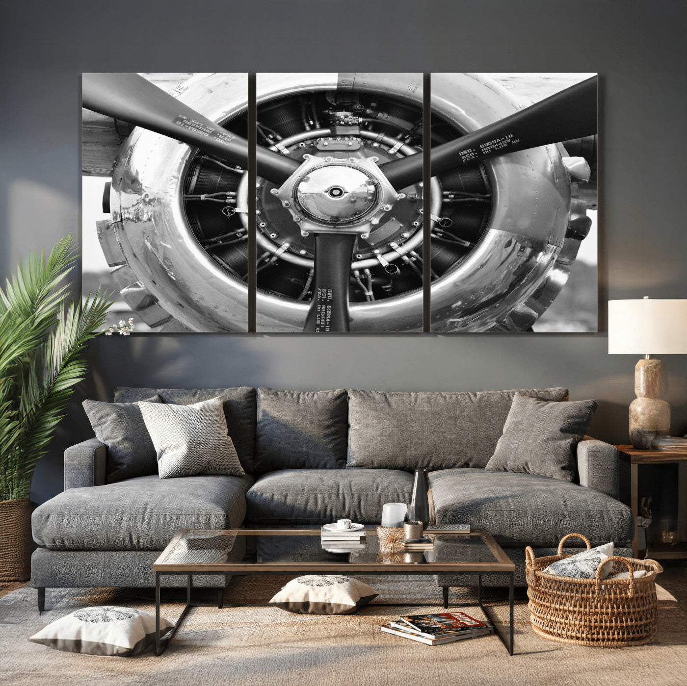 73322230-MGV-CV-36X24 - Vintage Propeller Plane Wall Art Canvas Print, Black and White Airplane Engine Close Up Framed Aviation Artwork for Pilot Office Hangar Decor
