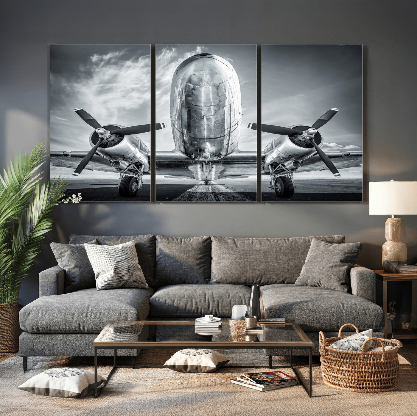 59729636-MGV-CV-36X24 - Vintage Propeller Plane Wall Art Canvas Print, Black and White Airplane Engine Close Up Framed Aviation Artwork for Pilot Office Hangar Decor