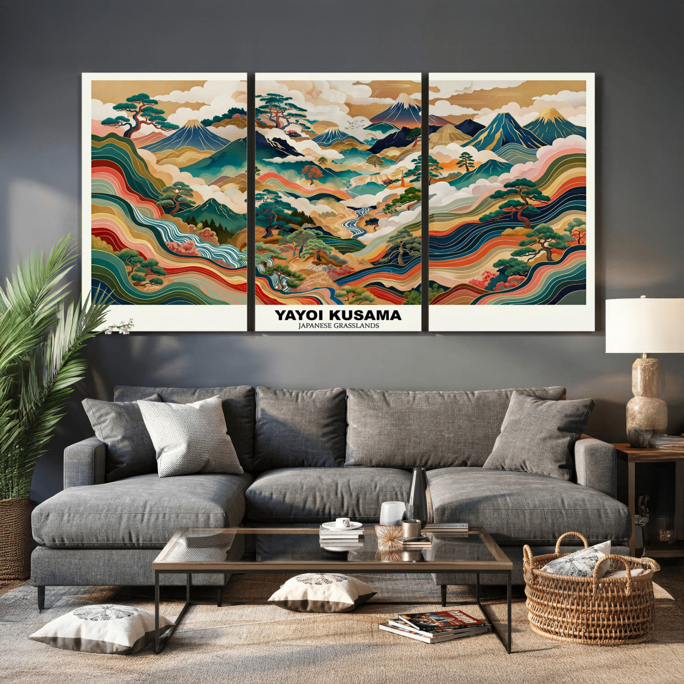 89903380-MGV-CV-60X30-3P - Japanese Grasslands Canvas Wall Art, Kusama Inspired Landscape Print, Colorful Japanese Nature Poster, Ukiyo-e Style Mountain Decor, Asian Art Print