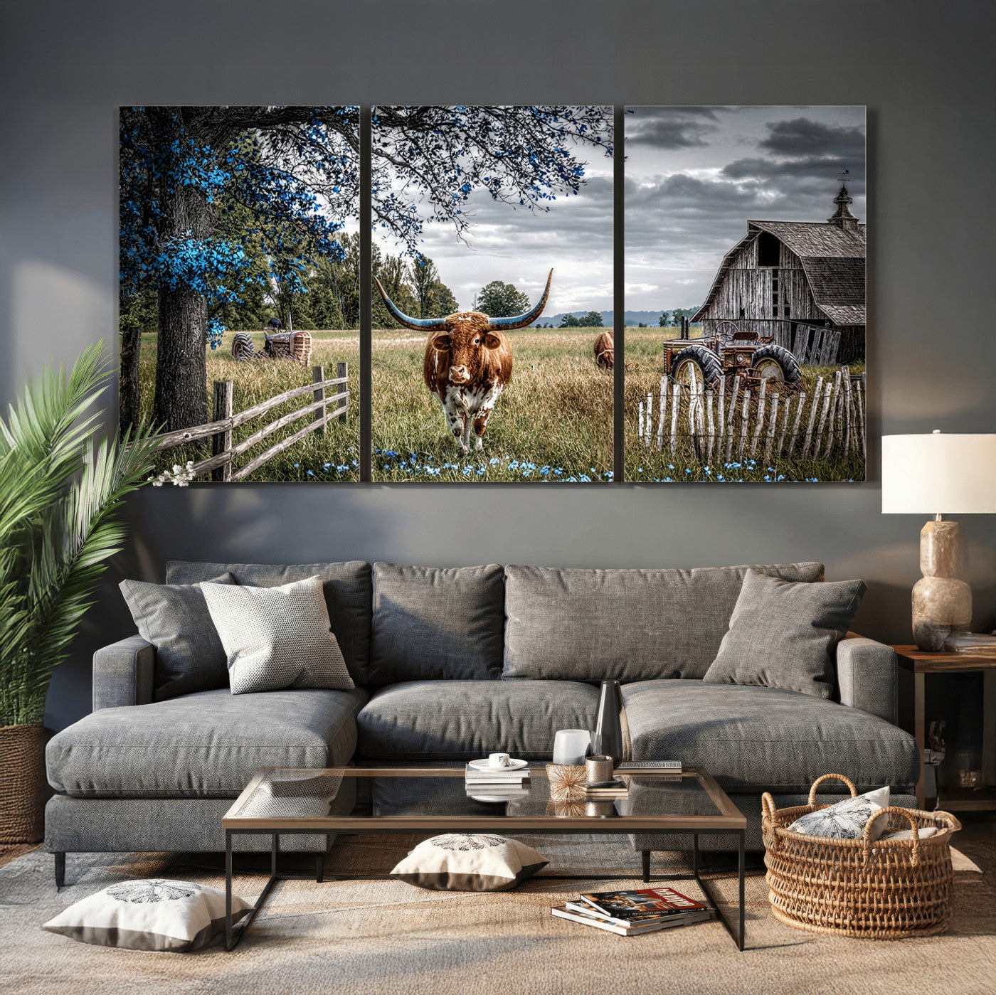 40526446-MGV-CV-60X30-3P - Texas Longhorn Canvas Wall Art, Rustic Farm Barn Bluebonnet Photography Print, Farmhouse Country Decor, Western Ranch Art, Old Truck Tractor Print