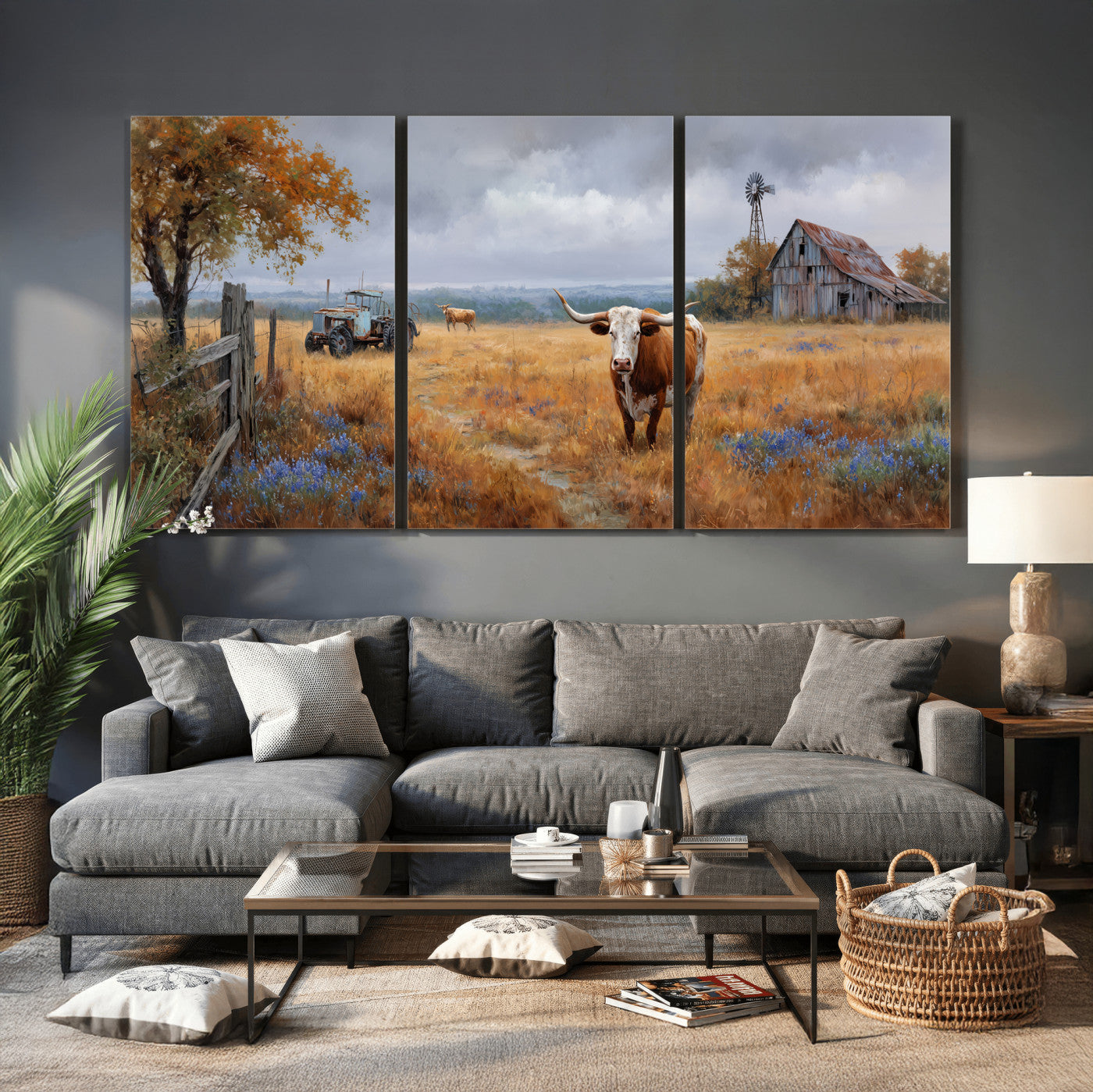 25324907-MGV-CV-60X30-3P - Texas Longhorn Canvas Wall Art, Rustic Farm Barn Bluebonnet Photography Print, Farmhouse Country Decor, Western Ranch Art, Old Truck Tractor Print