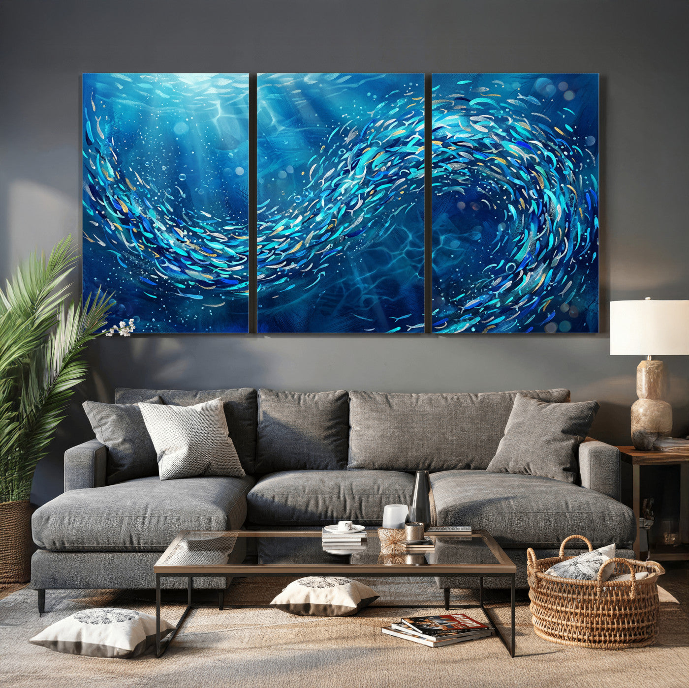 54535639-MGV-CV-36X24 - School of Fish Canvas Print | Blue Ocean Underwater Wall Art | Swirling Fish Shoal Illustration | Marine Navy Coastal Decor