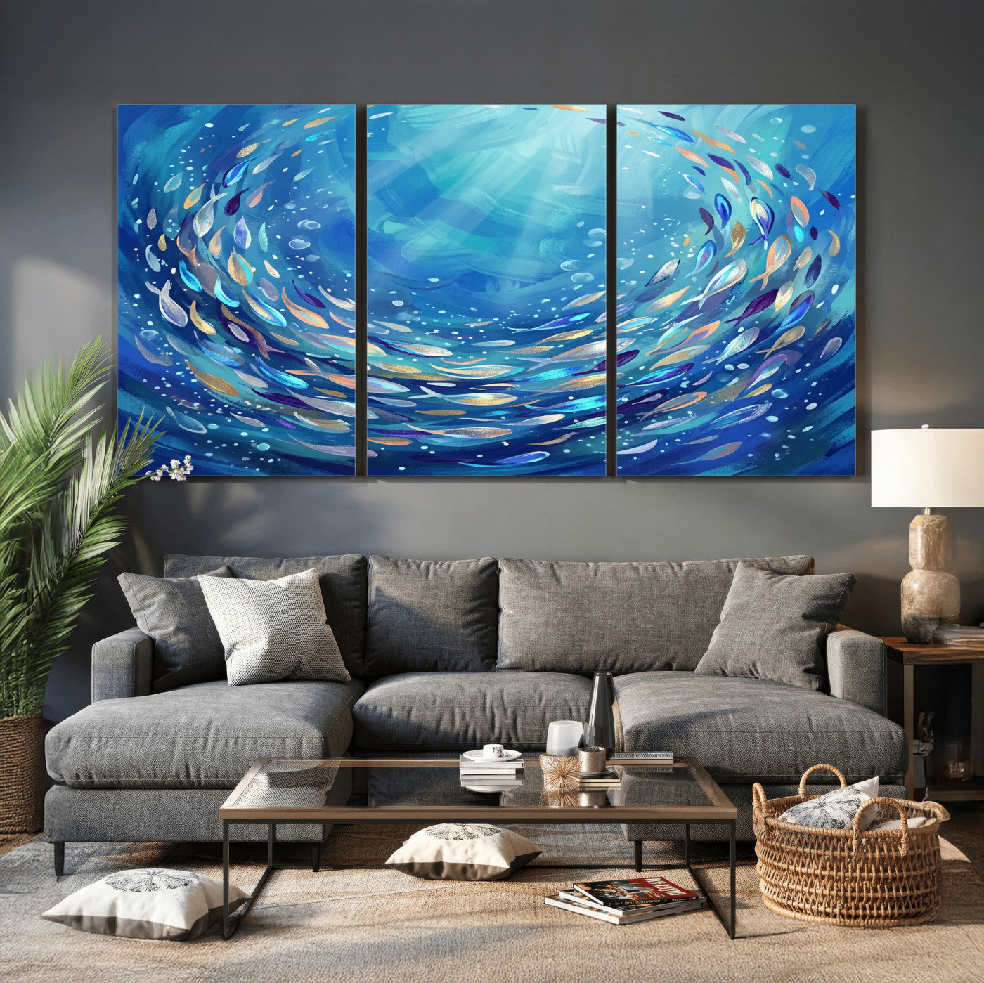 78699899-MGV-CV-36X24 - School of Fish Canvas Print | Blue Ocean Underwater Wall Art | Swirling Fish Shoal Illustration | Marine Navy Coastal Decor