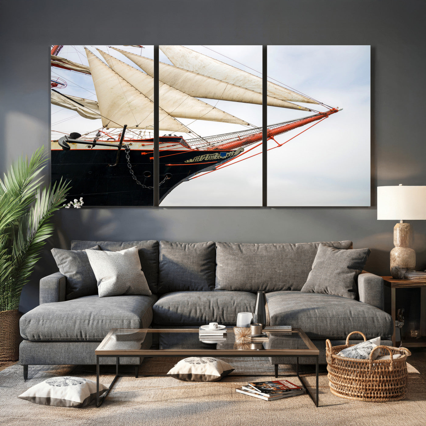64830036-MGV-CV-36X24 - Sailboat Wall Art Canvas Print, Vintage Ship Bow Framed Artwork, Nautical Sailing Decor for Living Room Office Beach House