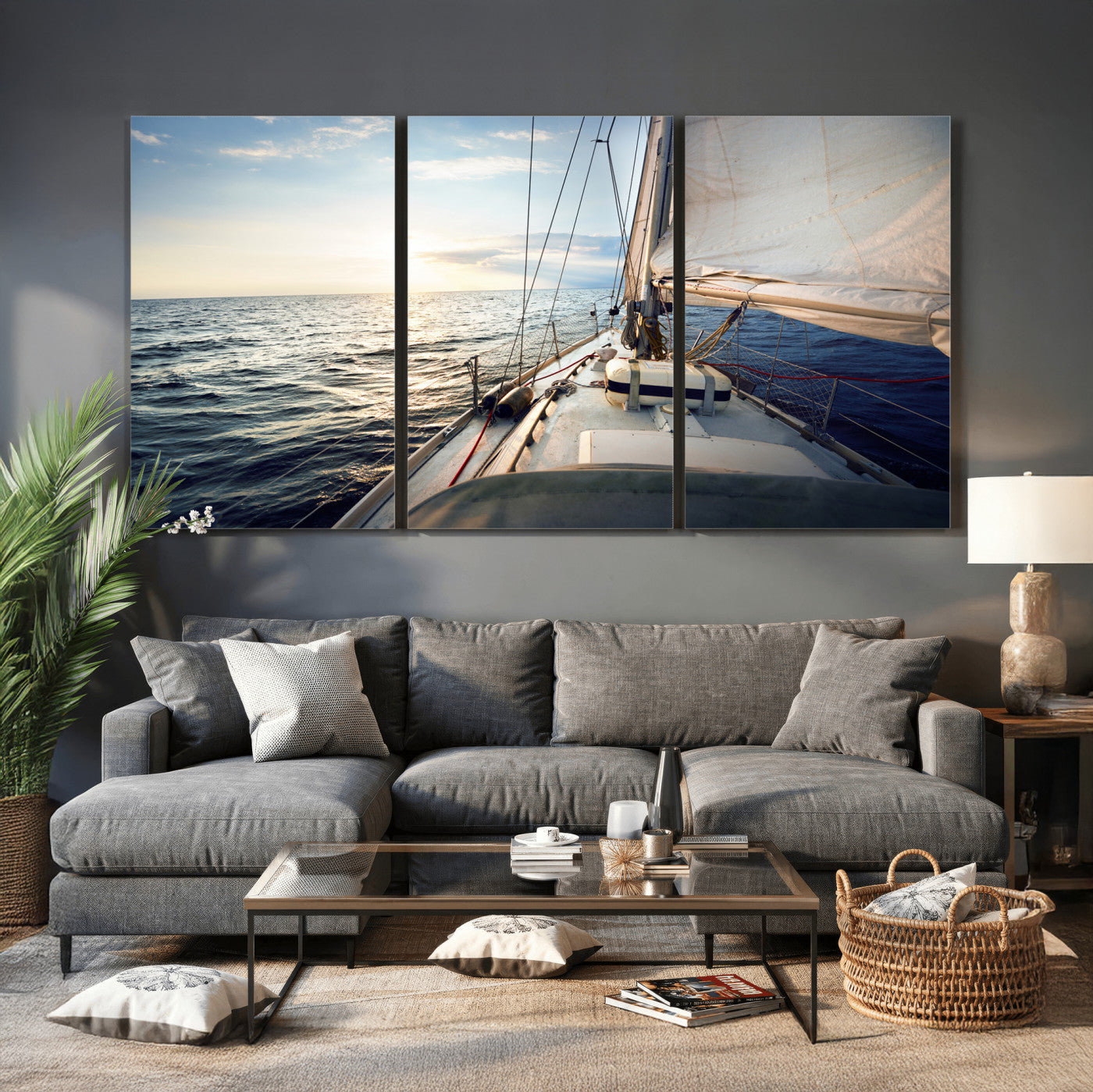 76381335-MGV-CV-36X24 - Sailboat Wall Art Canvas Print, Ocean Sunset Sailing Framed Artwork, Coastal Nautical Seascape Decor for Living Room Office Beach House
