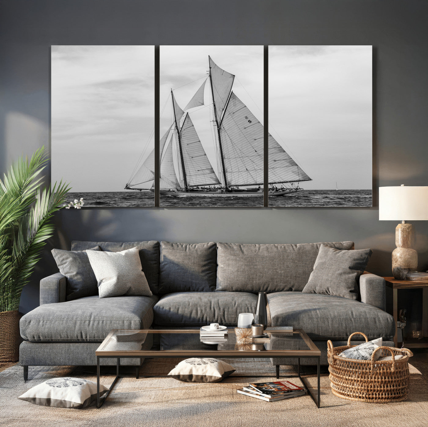 52882918-MGV-CV-36X24 - Vintage Sailboat Wall Art Canvas Print, Black and White Schooner Framed Artwork, Nautical Ocean Sailing Decor for Living Room Office Beach House