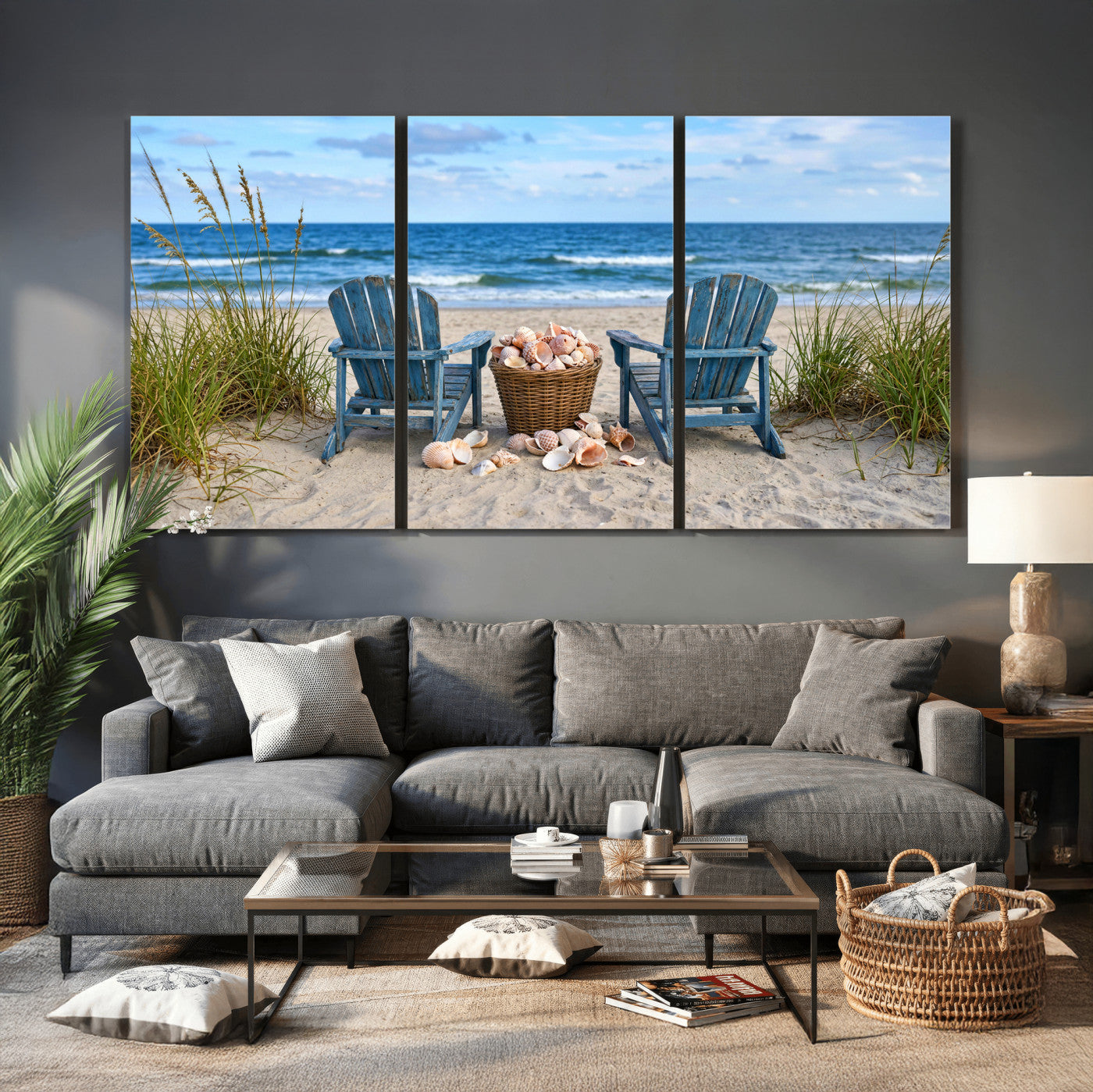80268829-MGV-CV-36X24 - Large Beach Canvas Wall Art Coastal Adirondack Chairs Ocean Seashells Blue Nautical Framed Large for Living Room Bedroom Bathroom Decor