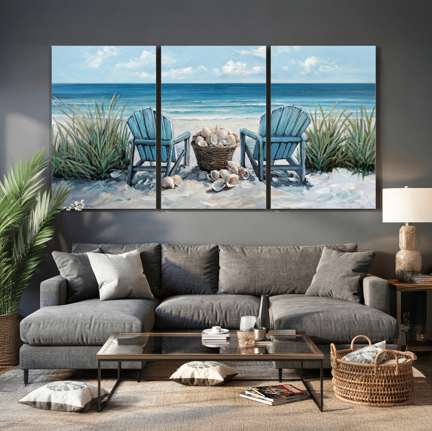 11973028-MGV-CV-36X24 - Beach Canvas Wall Art Coastal Adirondack Chairs Ocean Seashells Blue Nautical Framed Large for Living Room Bedroom Bathroom Decor