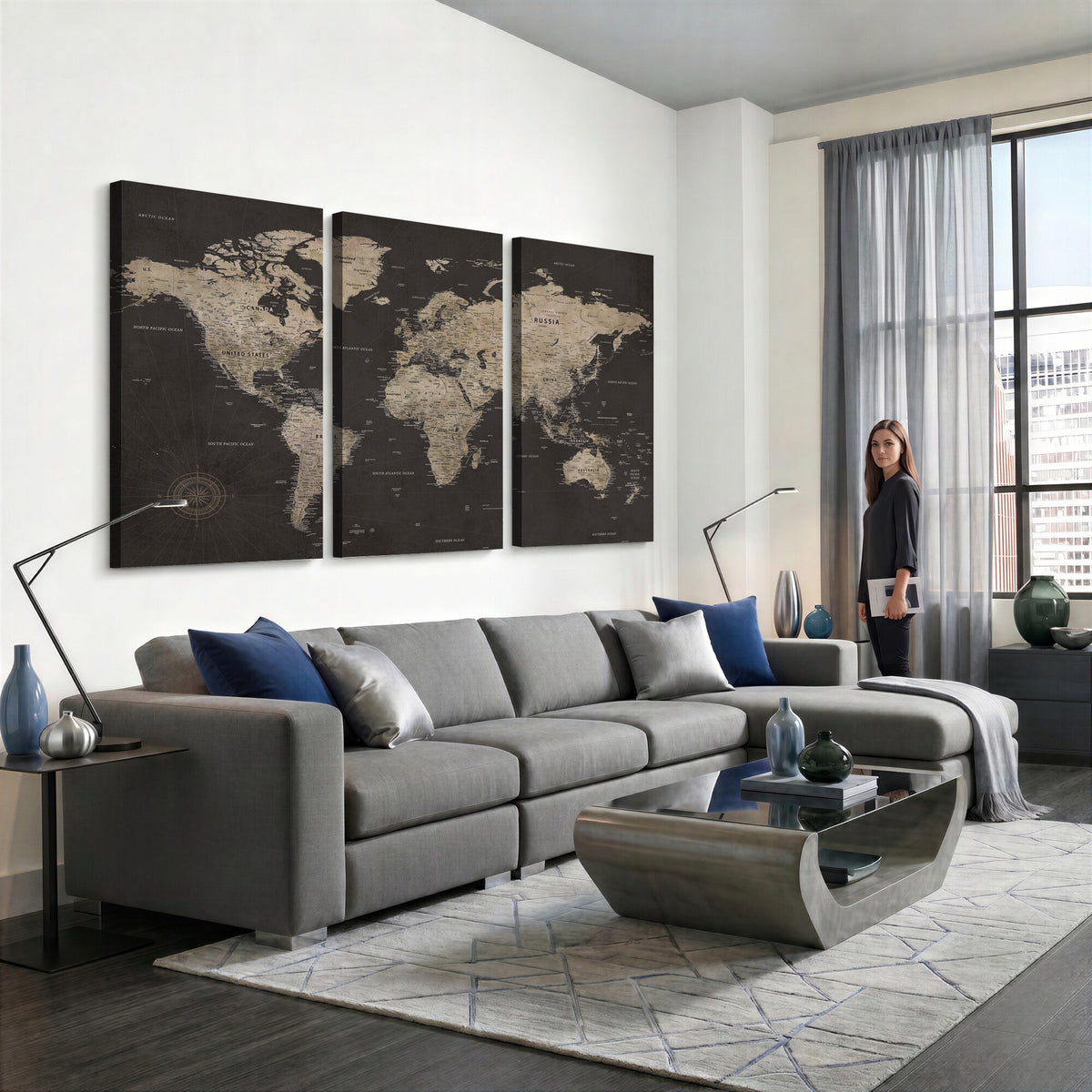 56556018136-MGV-CV-36X24 - World Map Canvas Wall Art Dark Charcoal Antique Tan Detailed