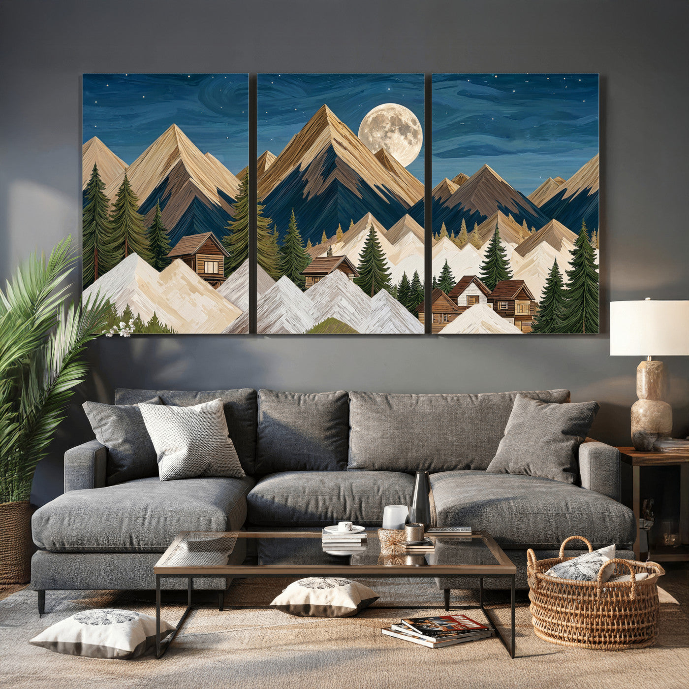 17622011MO-MGV-CV-60X30-3P - Moonlit Mountain Cabin Wall Art Canvas Print, Rustic Mountain Landscape Canvas Print, Woodland Cabin Wall Decor, Framed Nature Artwork Ready to Hang