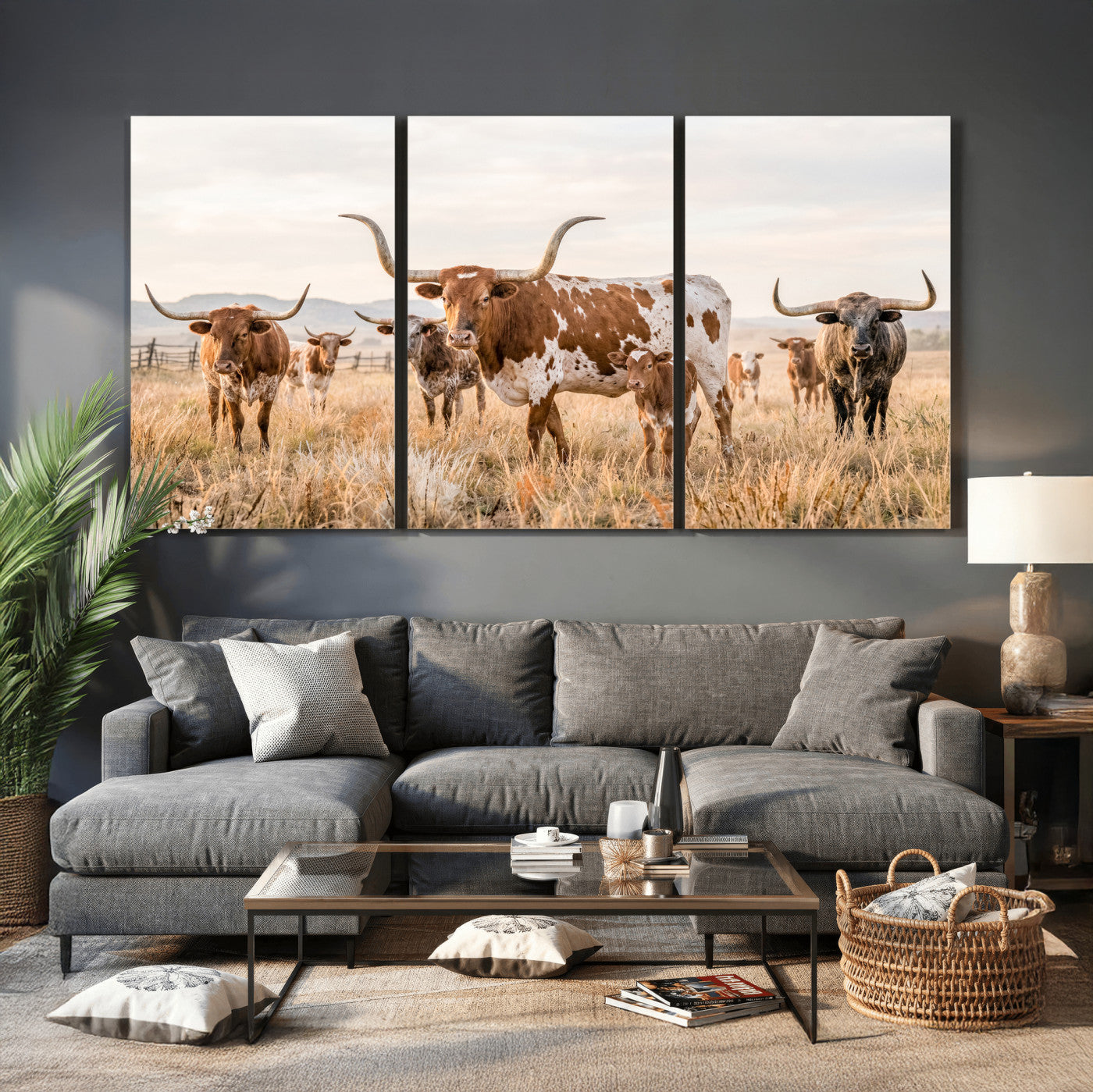 62336425AC-MGV-CV-36X24 - Texas Longhorn Canvas Wall Art, Rustic Farm Animal Photography Print, Farmhouse Country Decor, Western Ranch Art