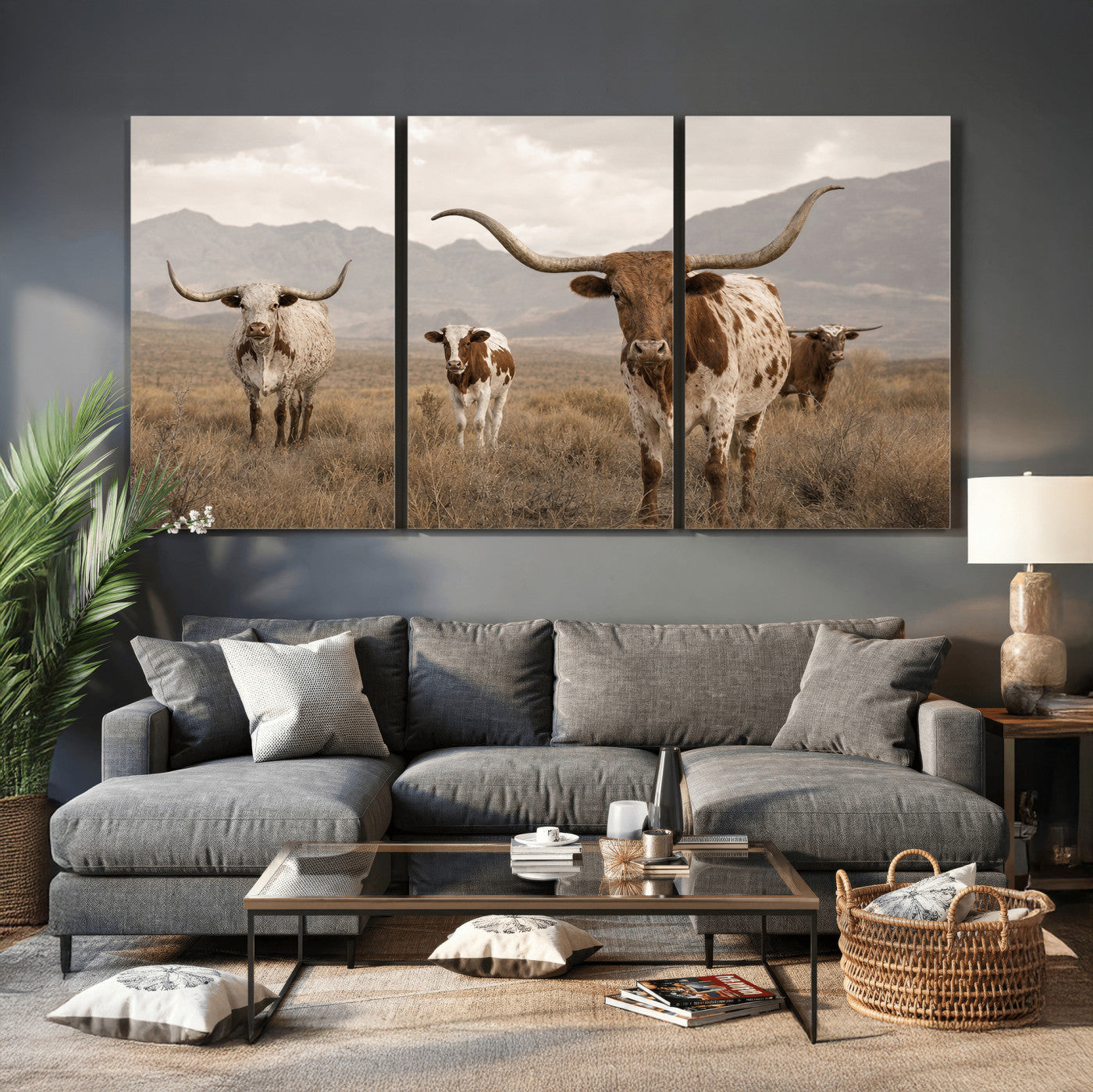 62336425AD-MGV-CV-36X24 - Rustic Texas Longhorn Cow Canvas Wall Art Print, Rustic Farm Animal Photography Print, Farmhouse Country Decor, Western Ranch Art