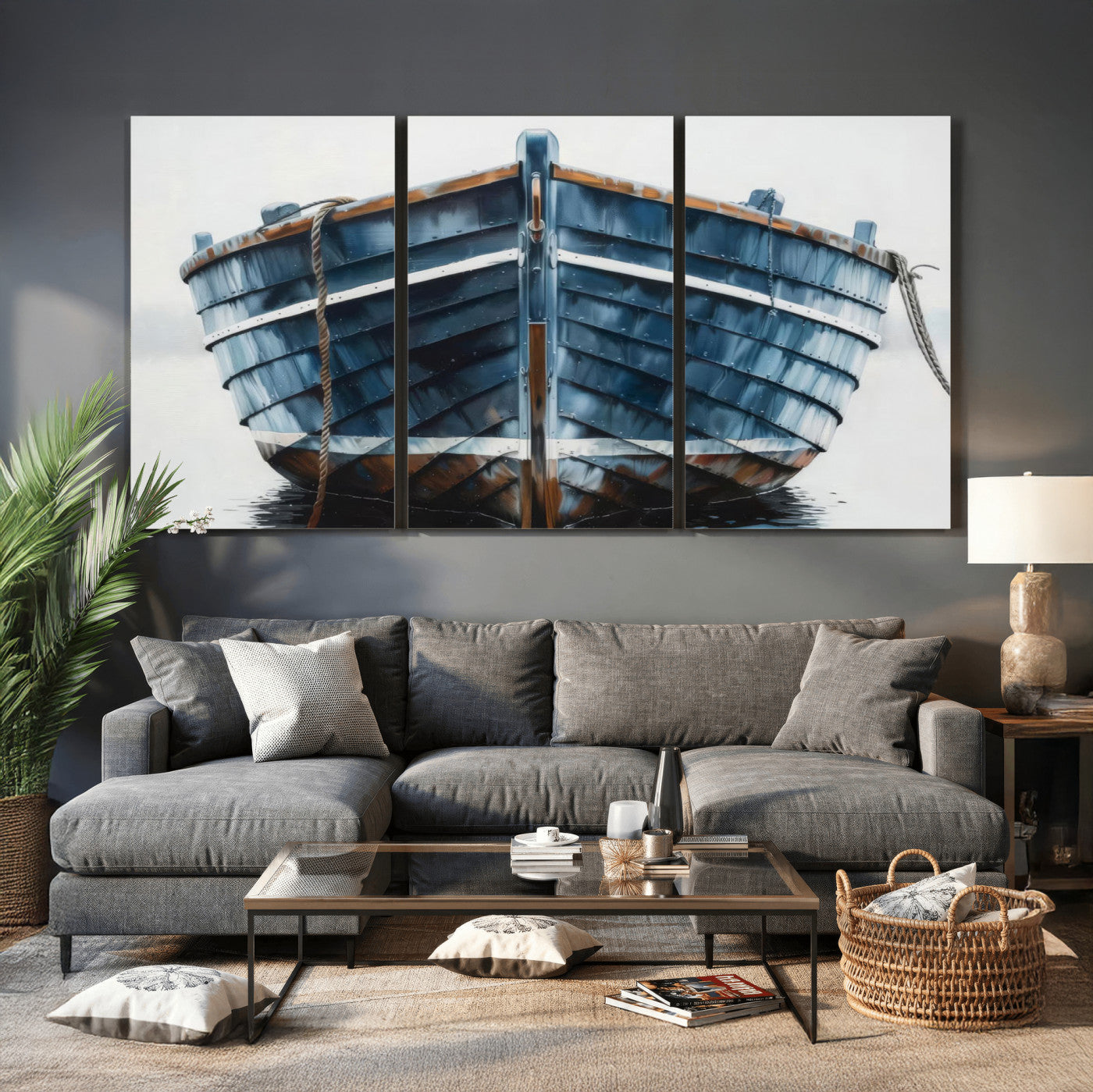 21601740-MGV-CV-36X24 - Blue Wooden Rowboat Canvas Wall Art, Coastal Nautical Boat Painting Print for Lake Beach House Decor, Minimalist Maritime Decor Artwork