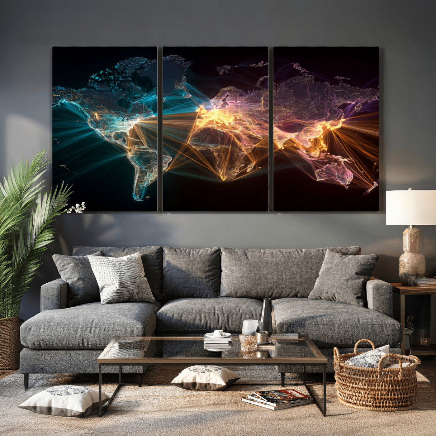 14891737-MGV-CV-36X24 - World Map and Global Flight Routes Map Canvas Wall Art, Worldwide Aviation Network Print, International Air Travel Wall Decor
