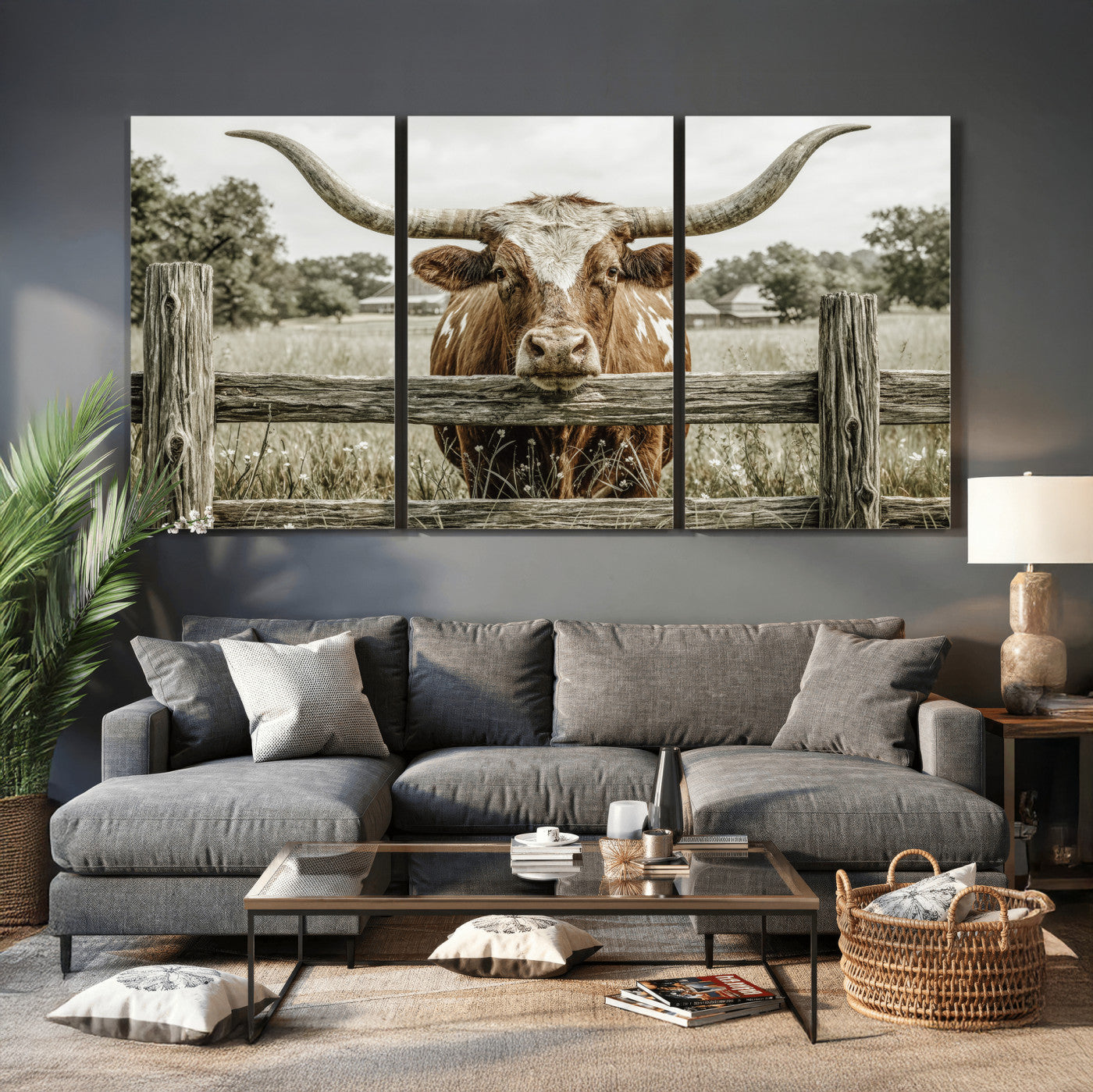 59378683M-MGV-CV-60X30-3P - Large Farmhouse Texas Longhorn Bull Canvas Wall Art, Western Ranch Cattle Photography Print, Rustic Barn Cowboy Decor Artwork