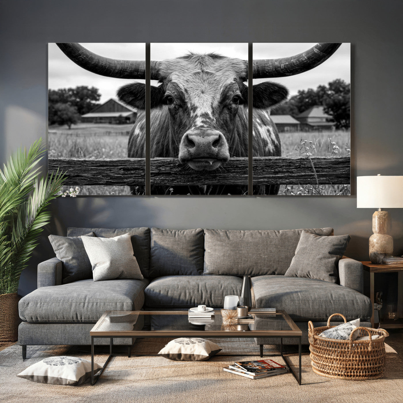 59378683B-MGV-CV-36X24 - Black White Texas Longhorn Bull Canvas Wall Art, Western Ranch Cattle Photography Print, Rustic Farmhouse Cowboy Decor Artwork