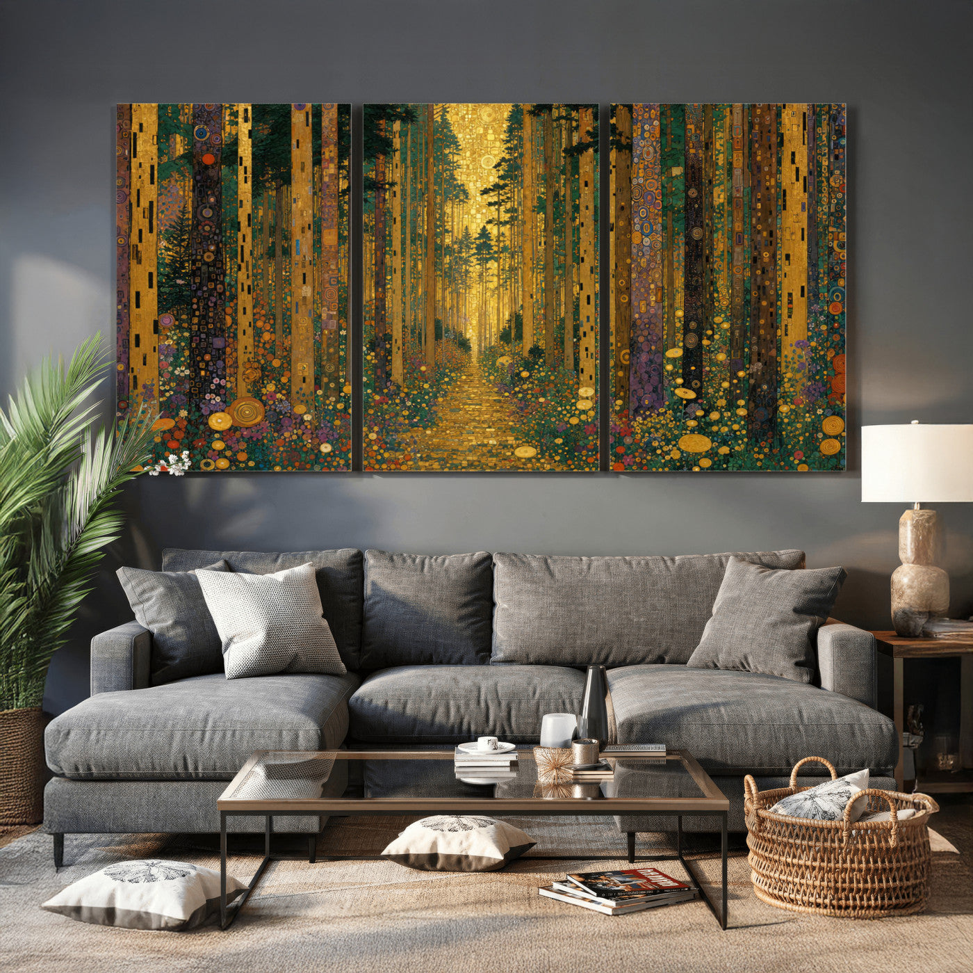 79483321G-MGV-CV-48X32-3P - Gustav Klimt Style Forest Canvas Wall Art, Golden Forest Path Floral Art Nouveau Print, Enchanted Woodland Decor