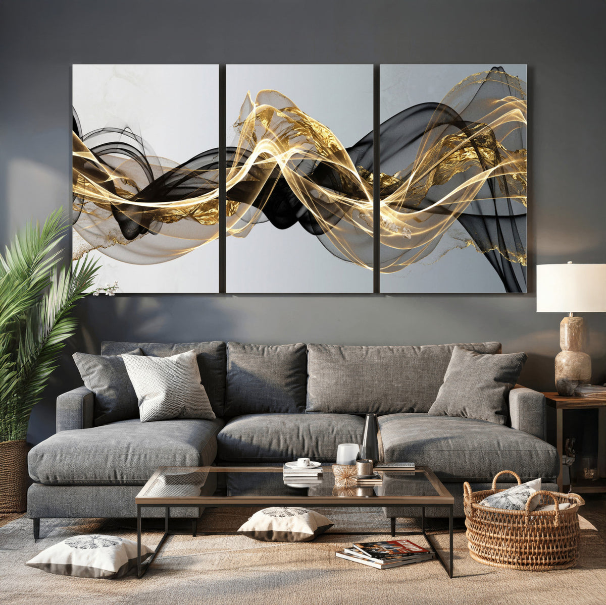79483321DL-MGV-CV-36X24 - Black and Gold Abstract Wall Art, Modern Wave Canvas Print, Elegant Flowing Smoke Art, Luxury Living Room Decor