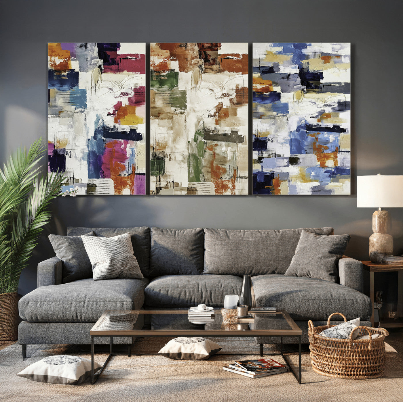 33267833-MGV-CV-60X30-3P - Blue Teal Abstract Canvas Wall Art, Modern Textured Painting Print, Navy Orange White Contemporary Art, Neutral Living Room Decor, Office Art