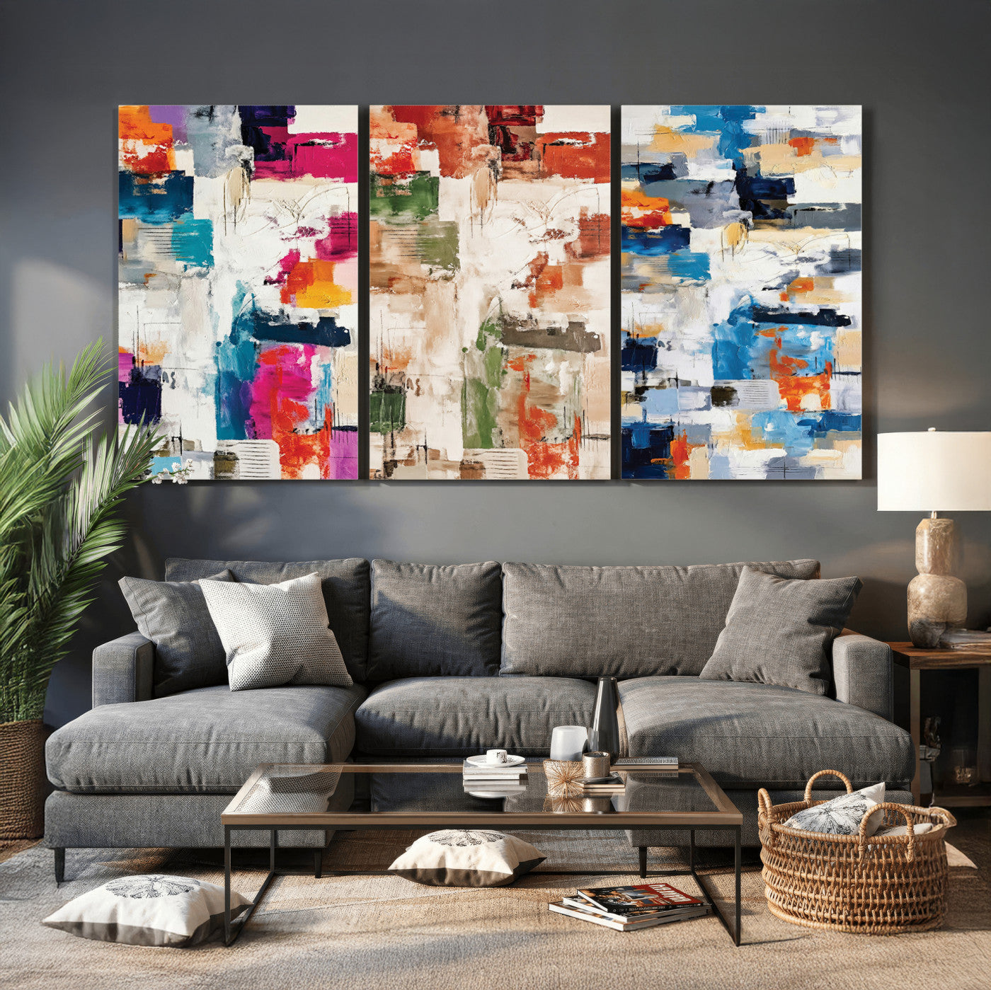 33267833-MGV-CV-60X30-3P - Blue Teal Abstract Canvas Wall Art, Modern Textured Painting Print, Navy Orange White Contemporary Art, Neutral Living Room Decor, Office Art