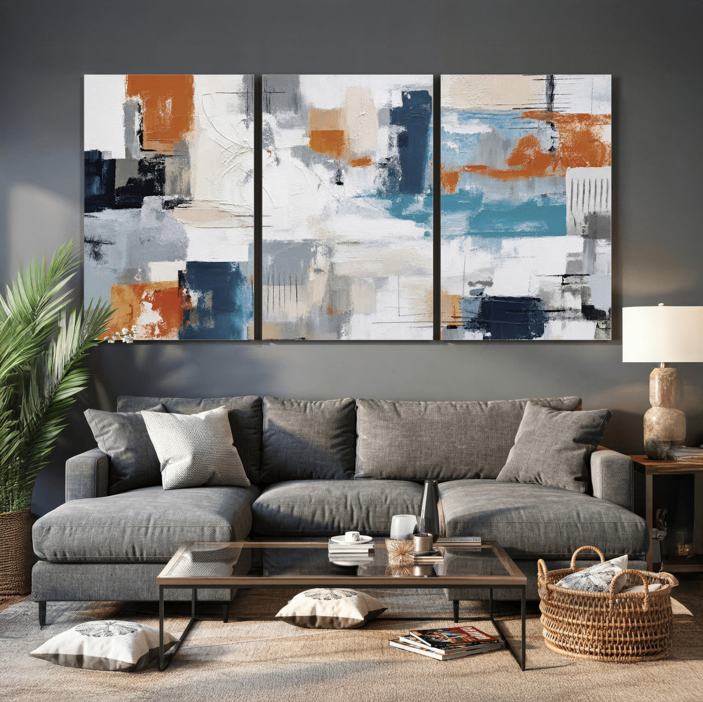 44950303-MGV-CV-36X24 - Blue Teal Abstract Canvas Wall Art, Modern Textured Painting Print, Navy Orange White Contemporary Art, Neutral Living Room Decor, Office Art