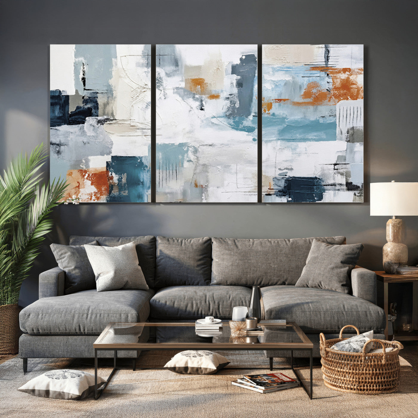 98638479-MGV-CV-36X24 - Blue Teal Abstract Canvas Wall Art, Modern Textured Painting Print, Navy Orange White Contemporary Art, Neutral Living Room Decor, Office Art