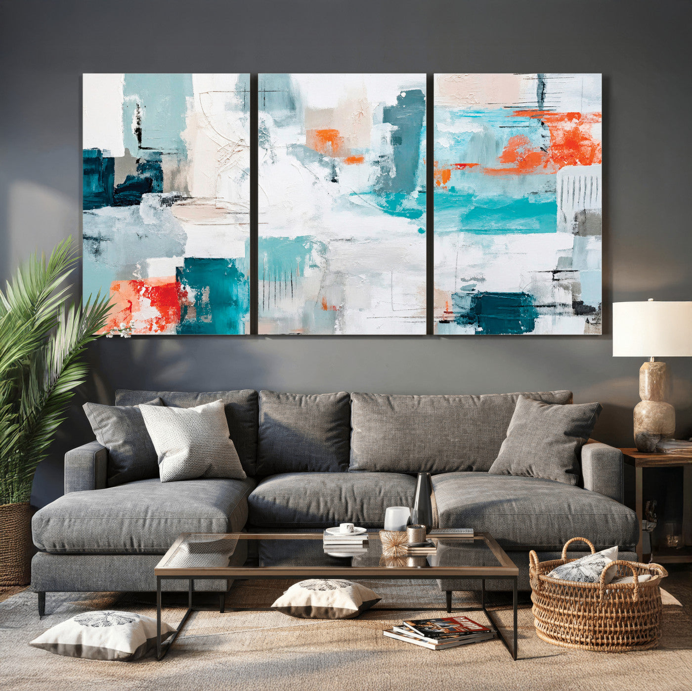 98638479-MGV-CV-36X24 - Blue Teal Abstract Canvas Wall Art | Modern Textured Painting Print, Navy Orange White Contemporary Art, Neutral Living Room Decor, Office Art