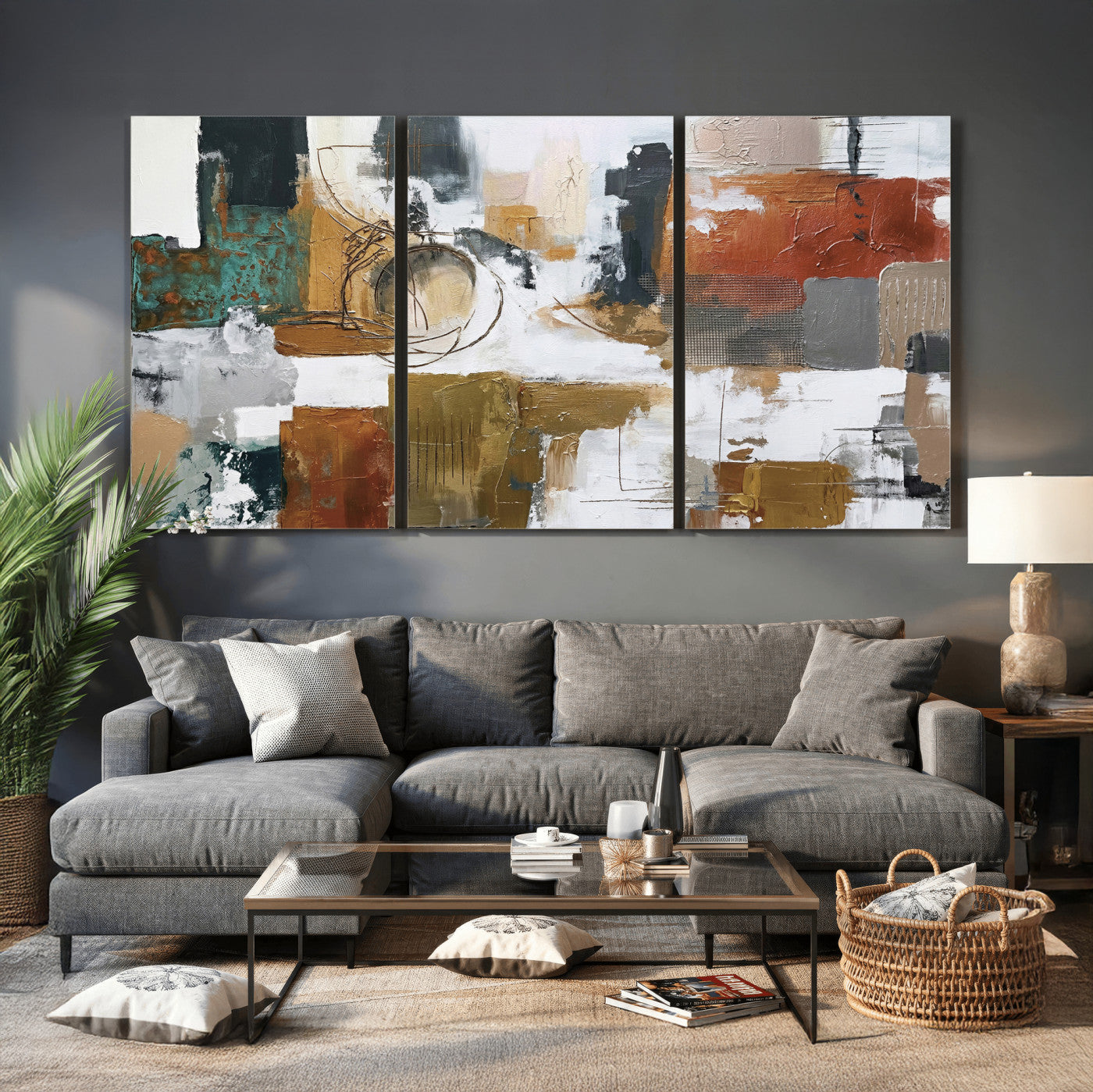 50720312-MGV-CV-36X24 - Blue Teal Abstract Canvas Wall Art, Modern Textured Painting Print, Navy Orange White Contemporary Art, Neutral Living Room Decor, Office Art
