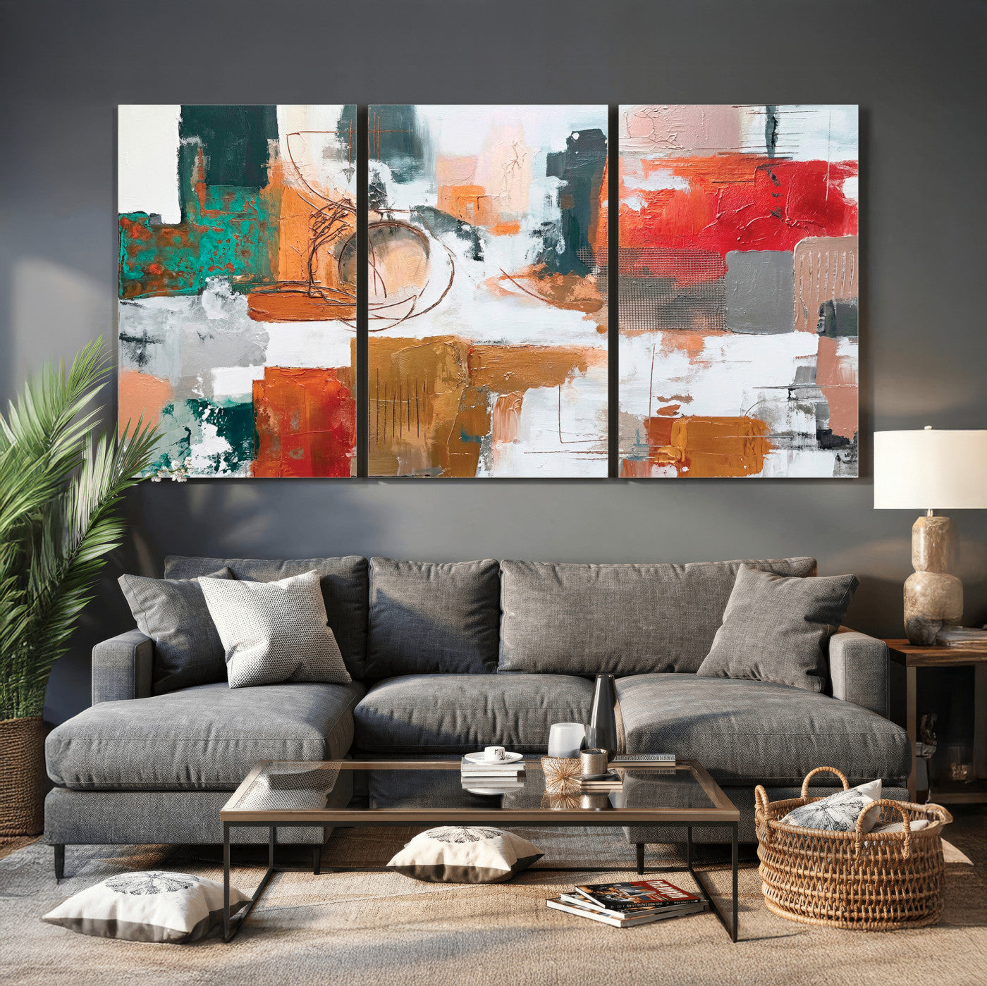 50720312-MGV-CV-36X24 - Blue Teal Abstract Canvas Wall Art | Modern Textured Painting Print, Navy Orange White Contemporary Art, Neutral Living Room Decor, Office Art.