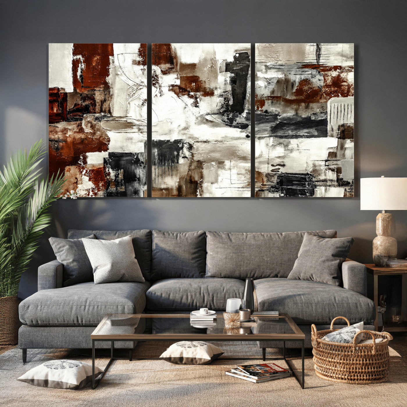 53022468-MGV-CV-36X24 - Blue Teal Abstract Canvas Wall Art, Modern Textured Painting Print, Navy Orange White Contemporary Art, Neutral Living Room Decor, Office Art